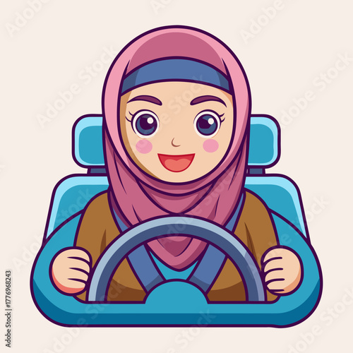 A happy Muslim woman in a hijab driving a car