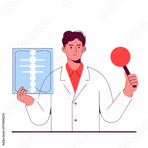 A male doctor with an Xray image and a magnifying glass