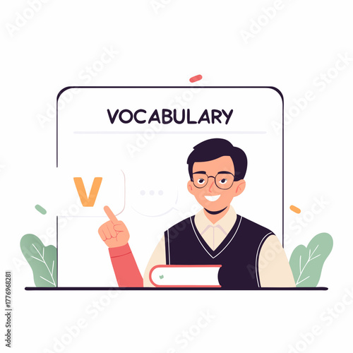A male language teacher pointing at a vocabulary lesson
