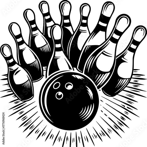Bowling Ball striking pins in black and white