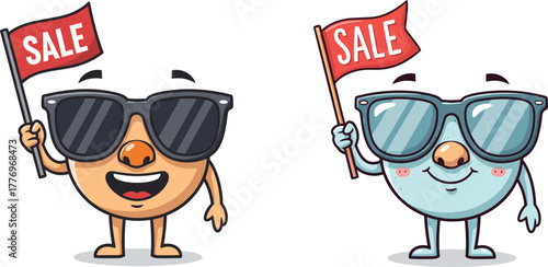 Cartoon sale characters, emoji style, sunglasses, red flag, promotional mascot, fun marketing, retail discount, cheerful advertising, vector illustration