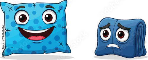 Cartoon pillow with happy face, sad folded blanket, emotional bedding characters, cute home textile illustration, funny sleep accessories, isolated