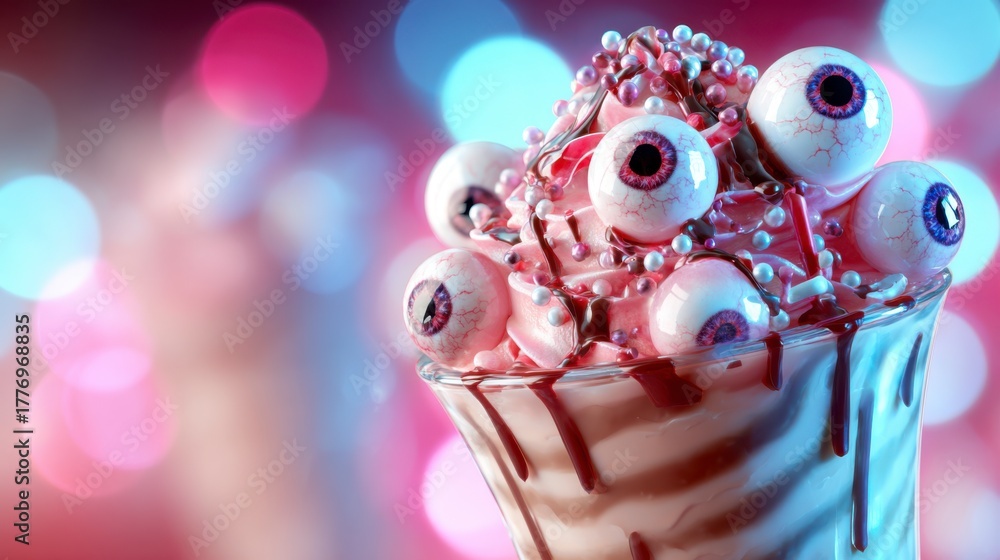 Fototapeta premium A Surreal Dessert Creation Featuring a Whimsical Ice Cream Sundae Topped with Edible Eyeballs and Colorful Decorations for an Unforgettable Experience