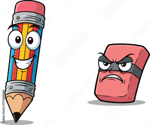 Cartoon pencil and eraser characters, colorful striped pencil smiling, angry pink eraser, stationery conflict, school humor, education concept, isolated white background