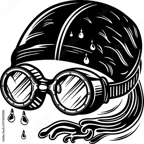 Swimming goggles with cap and water droplets illustration
