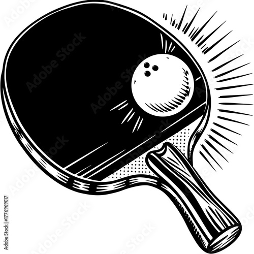 Black and white illustration of a table tennis racket and ball