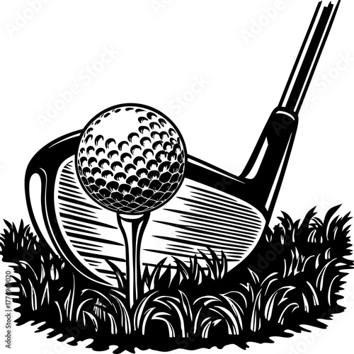 Golf ball on tee next to club on a grassy patch