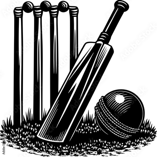 Cricket Bat Ball and Wicket Stumps on Green Grass