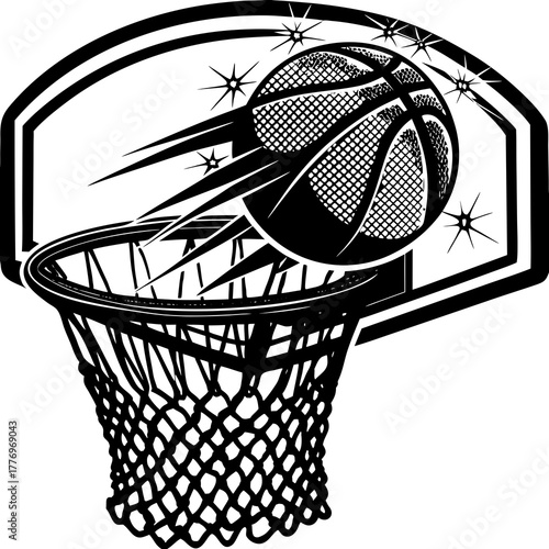 Basketball ball in motion going into the hoop with a net