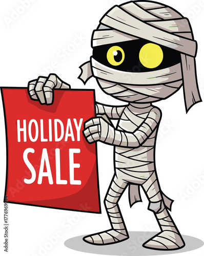 Cartoon mummy character holding holiday sale sign, Halloween promotion banner, spooky festive discount ad, vector illustration isolated on white background