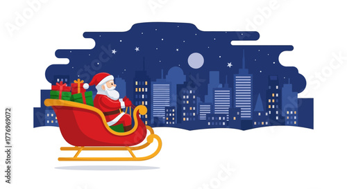 Santa in a sleigh full of gifts flies over a city skyline at night under the moon  stars