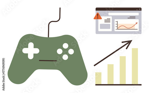 Gaming controller, website alert, graph report, and bar chart with an upward arrow illustrating tech, gaming, business analytics, progress, innovation education and entertainment. Ideal for simple
