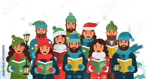 A cartoon choir in winter clothing sings from books Snow falls around them