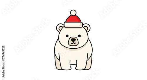 A cute polar bear with a red and white Christmas hat stands against a white background