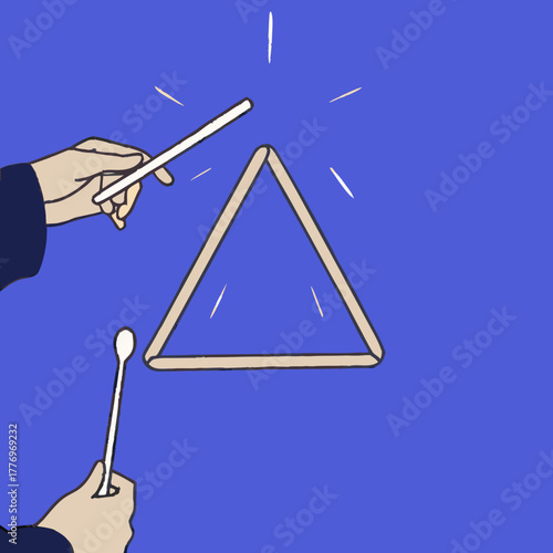 Cartoon triangle percussion instrument being played in bright art