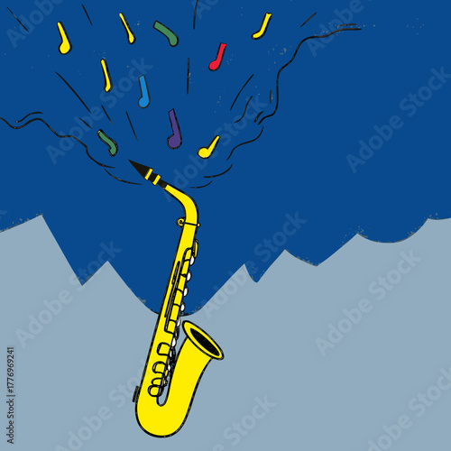 Cartoon Saxophone Producing Musical Notes Against Blue Backdrop