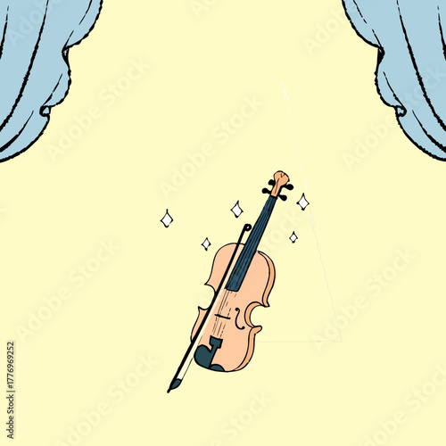 Cartoon violin with bow and sparkles on a yellow background