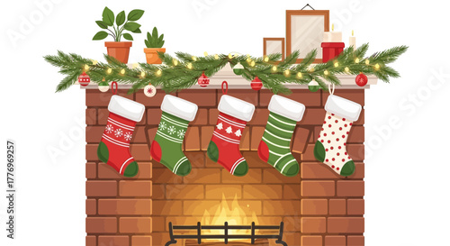 A fireplace with Christmas stockings hung along a garlanddecorated mantelpiece