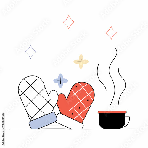 Cartoon mittens beside a steaming cup of warm beverage
