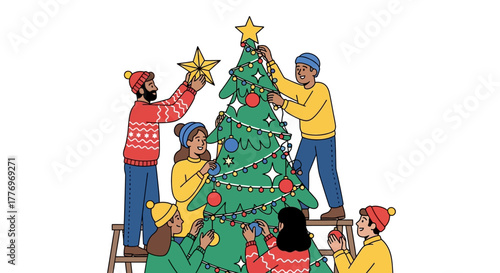 A group decorates a Christmas tree with ornaments and star toppers
