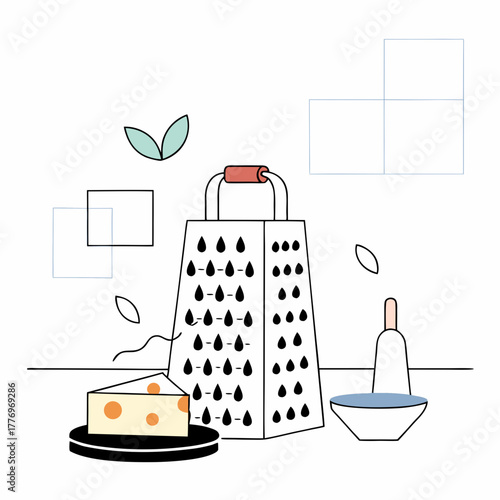 Grater with cheese block and bowl in cartoon style illustration