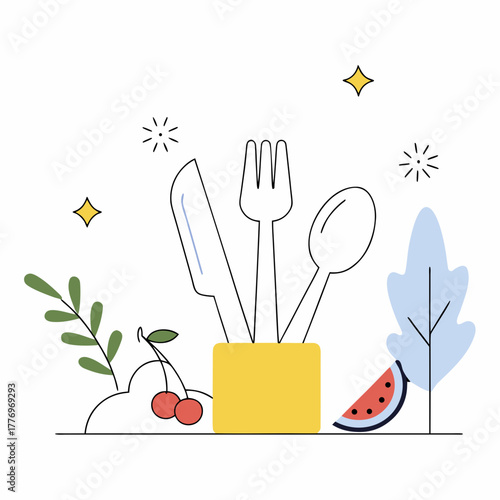 Cartoon Cutlery Set With Food and Decorative Elements