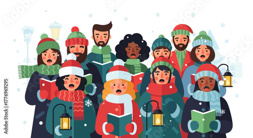 A group of people wearing winter hats and scarves singing carols outdoors