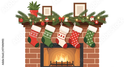 Fireplace with Christmas stockings hanging below a garland of pine needles and decorative items