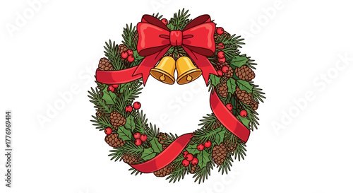 Holiday wreath with pine cones ribbon bells  holly berries