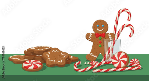 Illustration showing a gingerbread man cookies candy canes and a glass