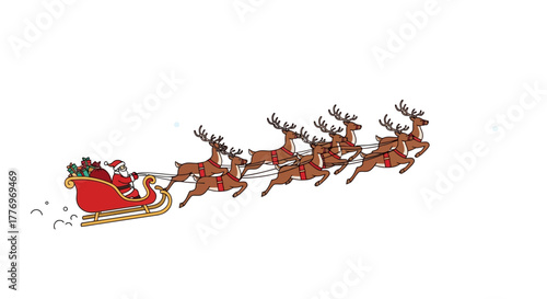 Santa Claus in a sleigh pulled by seven reindeer flying through the air