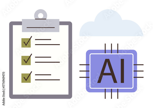 Clipboard checklist, AI chip, and cloud highlight organization, machine learning, and data automation. Ideal for innovation, tech development, workflow efficiency, planning AI systems cloud