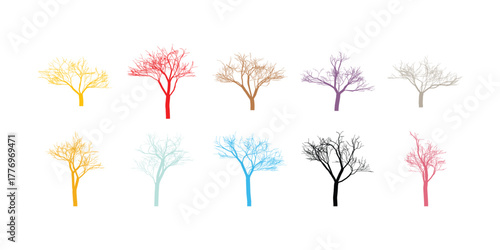 Collection of Colorful Bare Trees on White Background Representing Diversity and Season Change Nature Elements and Different Tree Species