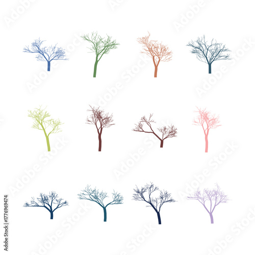 Collection of Colorful Bare Tree Silhouettes on White Background Artistic Forest Concept Illustration Vector Trees