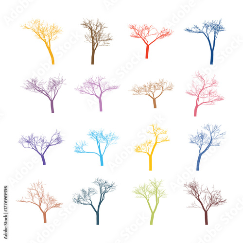 Collection of Colorful Tree Silhouettes in Various Styles and Colors Against a White Background for Artistic Design