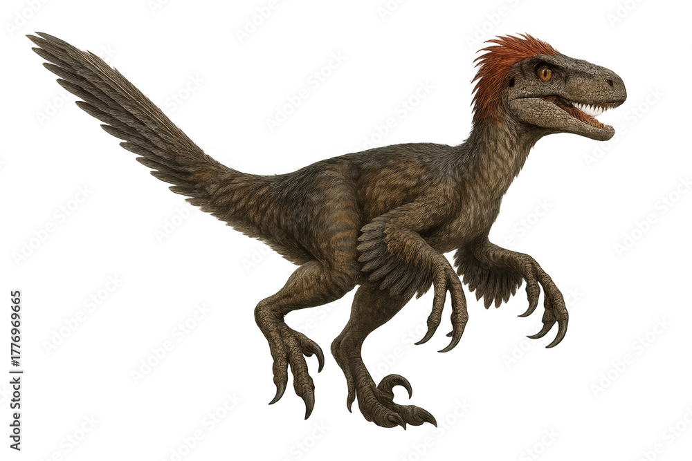 Fototapeta premium Feathered velociraptor dinosaur running with open mouth, prehistoric raptor predator illustration on transparent background