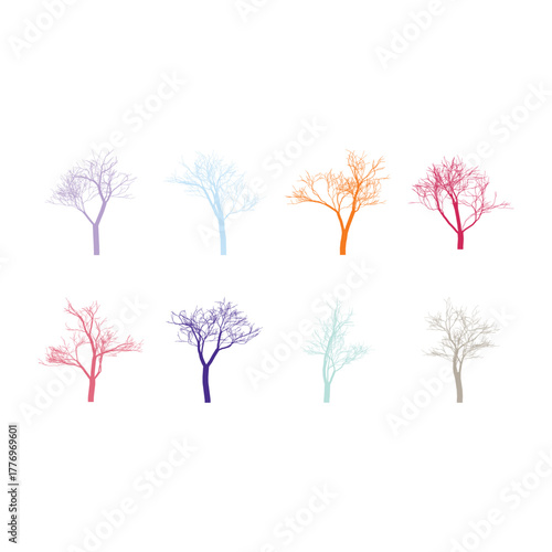 Colorful Tree Silhouettes Isolated on White Background Artistic Minimalist Illustration Depicting Nature Autumn and Winter Elements for Creative Design