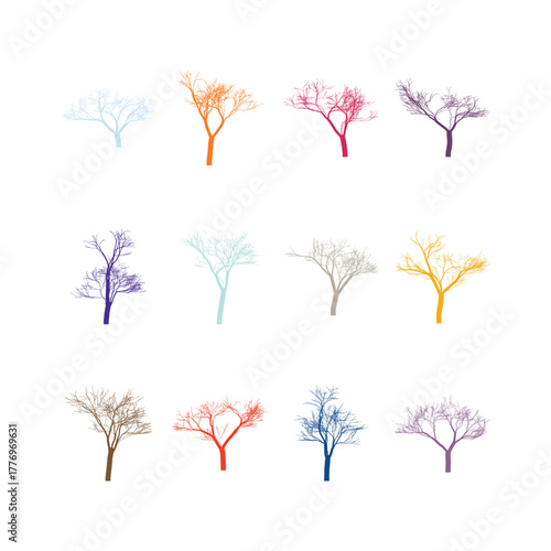 Colorful Trees in Various Tones and Hues on a White Background Showcasing an Array of Silhouettes and Styles for Artistic Projects