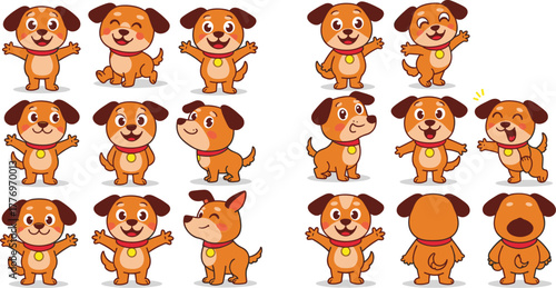 Cartoon brown dog character set, cute puppy expressions, playful poses, happy pet mascot, vector illustration, isolated animal design elements