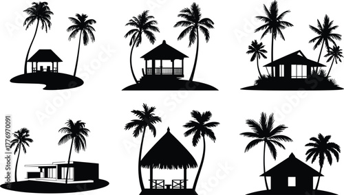Tropical hut silhouettes with palm trees, beach house vector set, exotic bungalow icons for travel, architecture, and design themes
