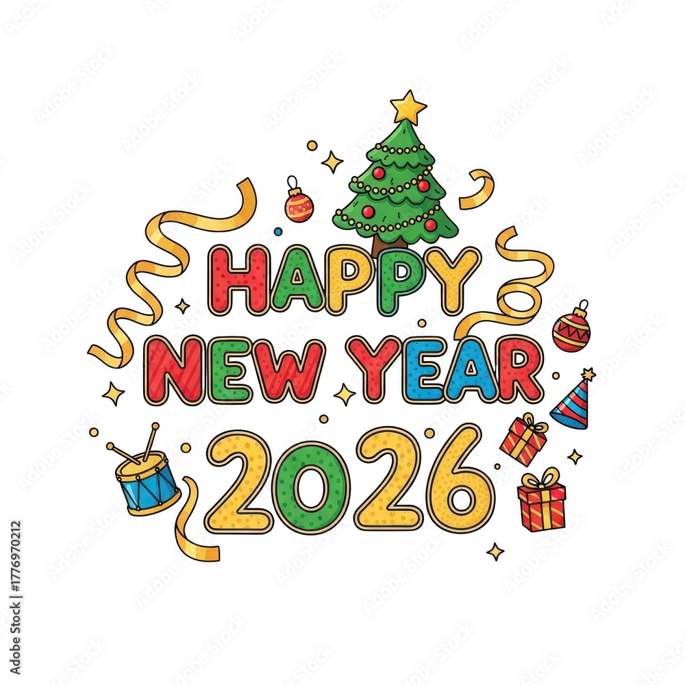 Fototapeta premium Happy New Year 2026 illustration with Christmas tree and festive decorations