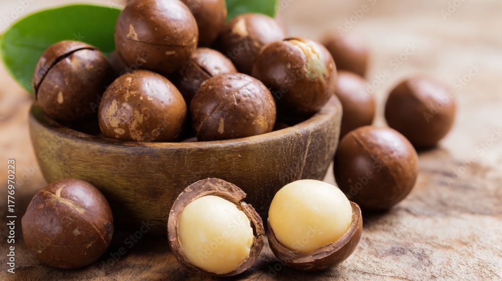 Fototapeta premium Macadamia Nut in Diverse Presentations with Natural and Culinary Settings