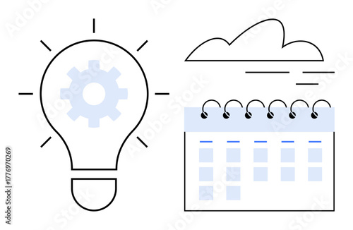 Light bulb with gear inside and spiral-bound calendar below a cloud conveys creativity, planning, and ideas. Ideal for innovation, productivity, brainstorming, scheduling, project management