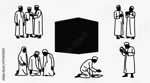 Black and white vector illustration of Islamic religious practices and pilgrimage