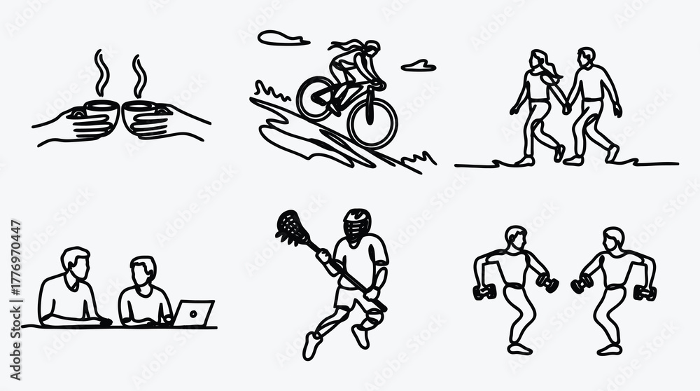 Fototapeta premium Monochrome line art illustration showcasing diverse activities and interaction scenes