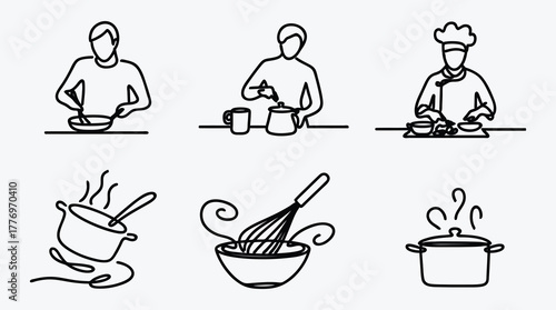 Line art illustration of cooking activities and kitchenware collection vector