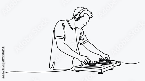 Line art illustration of DJ mixing music on turntables in a club