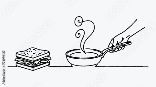Minimalist line drawing of cooking process with sandwich and frying pan