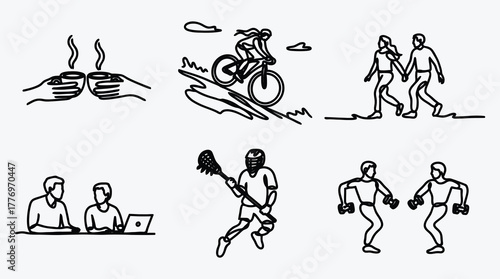 Monochrome line art illustration showcasing diverse activities and interaction scenes