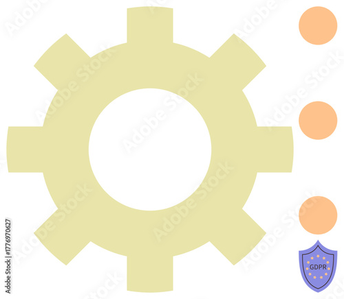 Large gear alongside GDPR shield with three orange dots. Ideal for compliance, security, legal data, regulation, privacy, technology workflows, management concepts. Simple flat metaphor